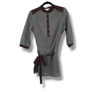 Vintage Forever 21 Floral Print Cotton Tunic 3/4‎ Sleeve Burgundy Trim Womens